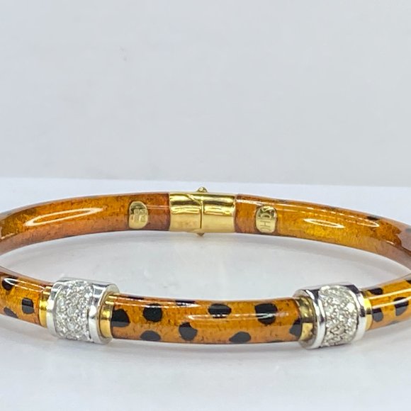 SOHO 0.32ct Diamond & Leopard Enamel bangle-18K yellow gold Italy 17.5g JR7645 - Picture 2 of 8